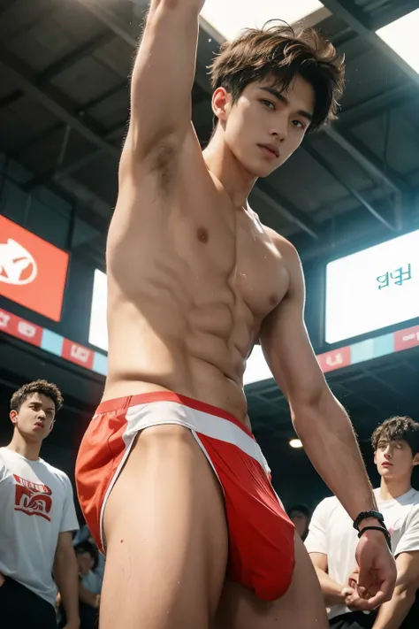 CLOSED UP DETAILED, basketball player, playing basketball, Very wet body, very wet, basketball court court, wearing socks, naked just wearing red soaked thong, Showing off his very hairy armpits, Slim fit body, teenager body, Shota, very cute boy face, 15 ...