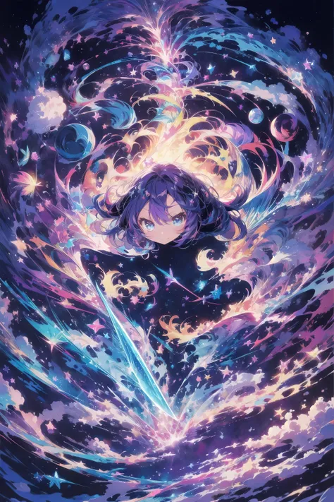 super dynamic, It was chaotic, defy gravity, and colorful chibi anime-style illustration of Nova-chan, Embodying the theme of space in chaos with a giant rainbow-colored sword. In this vertical scene, Nova-chan, small, slim girl, dynamically centered, take...