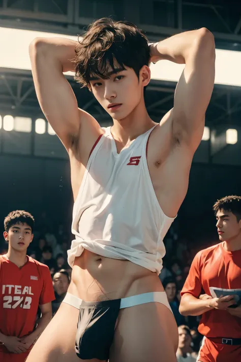 CLOSED UP DETAILED, basketball player, playing basketball, Very wet body, very wet, basketball court court, wearing socks, naked just wearing red soaked thong, Showing off his very hairy armpits, Slim fit body, teenager body, Shota, very cute boy face, 15 ...