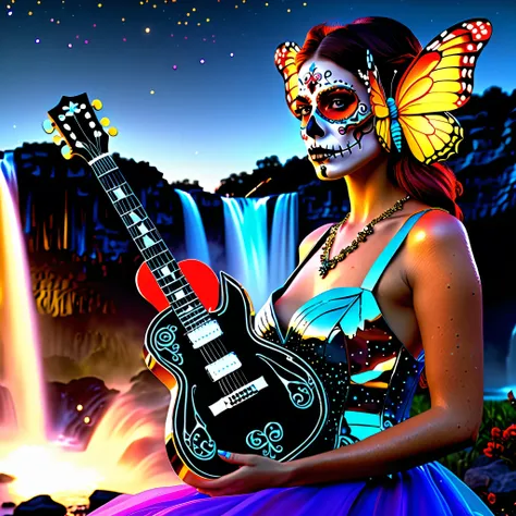 Magazine Cover, nebulae stars panoramic starry_sky sunset spacious Sunshine sunrise, BackView Guitarist (holding guitar:1.3) UnrealEngine5 ultra Cinematic_sunLight Diva Urban deep path equirectangular Stage Epic tmasterpiece retro dramatic scenes dynamic c...