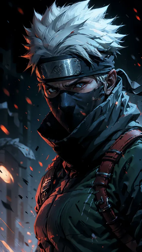 (best quality,4k,highres),Kakashi sitting on the ground with a street style, leaning against a wall, red Jordans, red ninja gloves, white hair, ninja headband, mask covering his mouth, graffiti background, vibrant colors, urban art style, edgy lighting,((n...