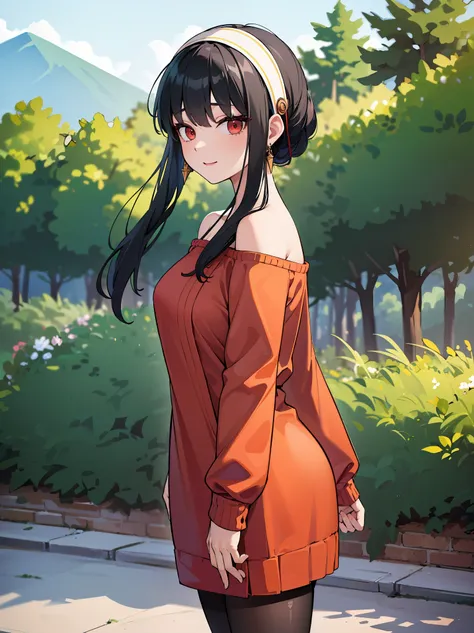 bbyorf, Black hair, white headband, sidelocks, jewellery, large breasts, bangs, red eyes, earrings, (red sweater), sweater dress, (off-shoulders), black pantyhose, (smiling:0.8), tilted head, looking at viewer, park scenery