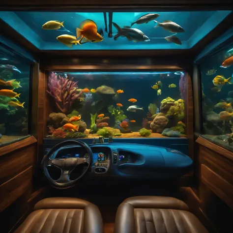 futuristic cozy interior design with high level of detail, one wall consists of a fish tank  in shape of a semi truck loaded with colorful fish, HDR, --ar 16:9 --s 750 --v 5.1