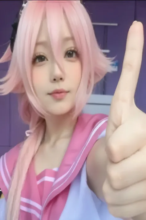arafed woman with pink hair giving a thumbs up, anime cosplay, anime girl cosplay, haruno sakura, anime girl in real life, with index finger, anime waifu, anime pose, as an anime character, sakimichan, cosplay, anime style, belle delphine, anime style only...