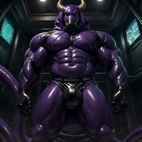 ((Masterpiece, best quality, 4k)) furry, male, gay, standing {one gigantic muscular purple snake Naga made of shiny latex and slime, with a humanoid torso and arms with purple scales and a black underbelly as well as large bull horns, a cobra hood, and red...