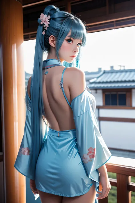 Anime high school girl, wear a sexy kimono, short kimono, bare hands, bare back, bare shoulder, to walk, long hair, light blue hair, look at the viewer, Blue eyes