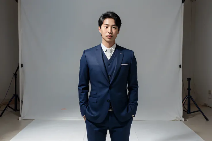 30 year old Korean handsome man on white background, taking a passport photo, dark blue suit, half body, short hairstyle, standing straight, hand down, looking at camera, professional, studio light