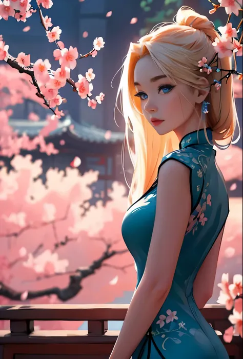 fantasy, Asia, European appearance, beautiful girl, delicate face, long pale blonde hair, blue eyes, in a beautiful Chinese Qipao dress, emphasizing the figure in light colors, expressive breasts, cherry blossoms in the background, jade palace, hd