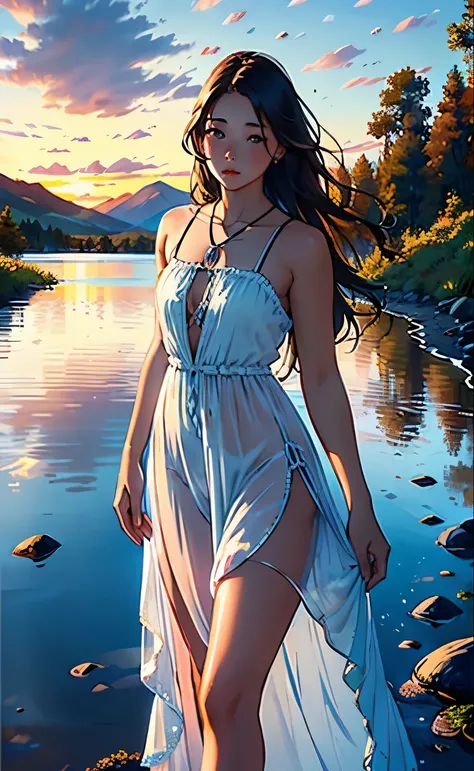 1 girl, calm facial expression, Mesmerizing eyes, straight long hair, flowy dress, balanced posture, porcelain skin, subtle blush, crystal pendant BREAK golden hour, (rim lighting):1.2, warm colors, solar flare, soft shadows, bright colors, scenic effect, ...