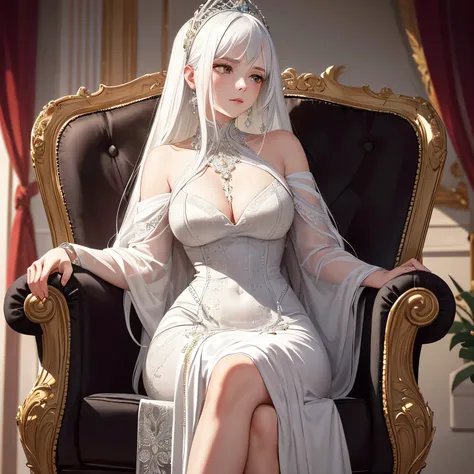 A girl with white hair cascading down her shoulders takes a seat on a majestic couch, dressed in a sleek and slender black dress that accentuates her feminine curves. The intricate patterns and delicate details of her dress shimmer under the soft light, re...