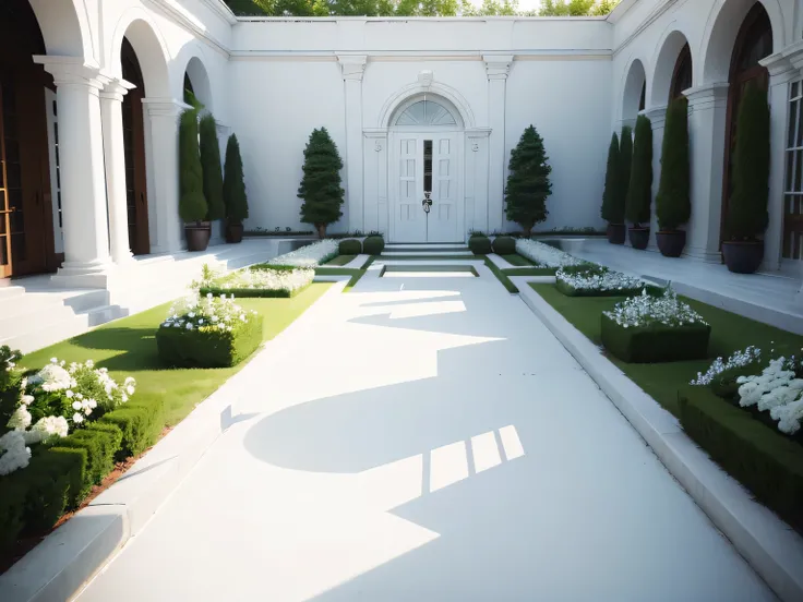 A white garden surrounded by white walls on all sides