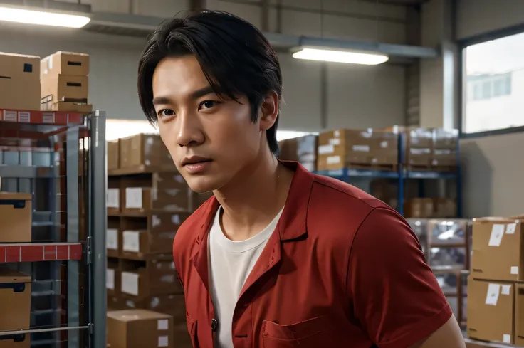 Handsome Korean courier man wearing a red short-sleeved shirt, the writing on her chest says "J&T - Express, wearing sneaker, wearing long blue jeans , walking between shelves of goods in a warehouse aisle while carrying a sales receipt, white light bulb a...