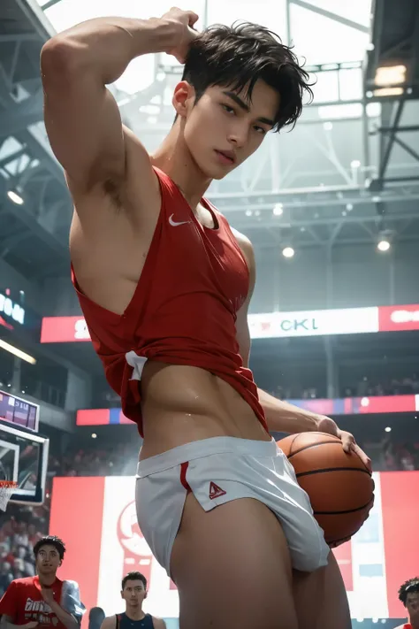 Red soaked basketball shirt, NO PANTS, CLOSED UP DETAILED, basketball player, playing basketball, wearing soaked basketball shirt, pull off shirt, ABS EXPOSED, Very wet body, very wet, basketball court court, wearing socks, naked just wearing red soaked th...