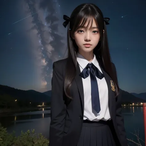 beautiful images、universe、fantasy、shooting start or herd、teenage girl、black eye、hair length、starry sky、Japanese、high school girl、Uniform appearance