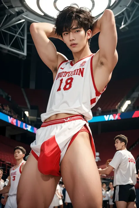 Red soaked basketball shirt, NO PANTS, CLOSED UP DETAILED, basketball player, playing basketball, wearing soaked basketball shirt, pull off shirt, ABS EXPOSED, Very wet body, very wet, basketball court court, wearing socks, naked just wearing red soaked JO...