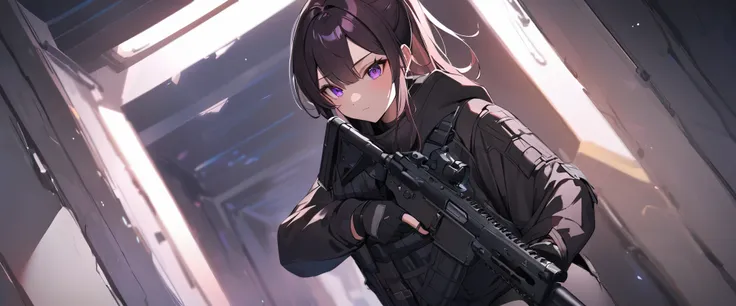 one girl, dark hair with purple strands, ponytail, purple eyes, black outfit,wearing bulletproof vest,background,brut architectu...