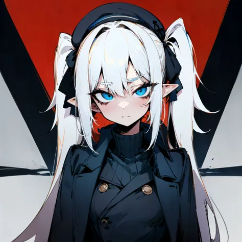 (Masterpiece, Top Quality, Best Quality, Official Art, Beauty and Aesthetics: 1.2), (Flat Color: 1.3), Very Detailed, Detailed Face and Eyes, Cinematic Light, SFW, Anime, Depth of Field, 1 Girl, Serious Face, Solo, Official, White Hair, Elf Ears, Twintails...