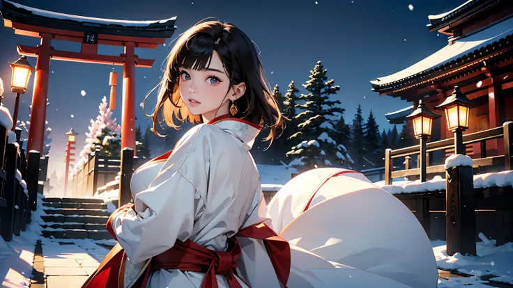 masterpiece、high resolution 8k、National Science Foundation、sharp focus、contrast lighting、delicate skin、 ultra high resolution、ultra high resolution、Detailed CG、snow scene at night、lantern noon、Moonlight night、it&#39;snow、Mae Nihon Shrine、temple、temples、Lan...