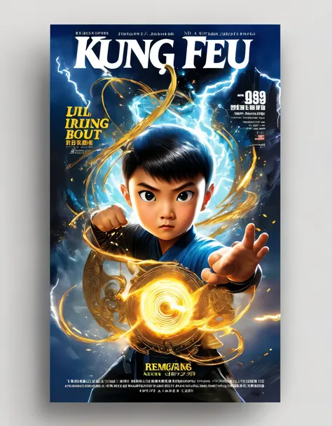 the cover design of kung fu magazine features a three-dimensional handsome boy boxing, with a determined gaze, big eyes, muscula...