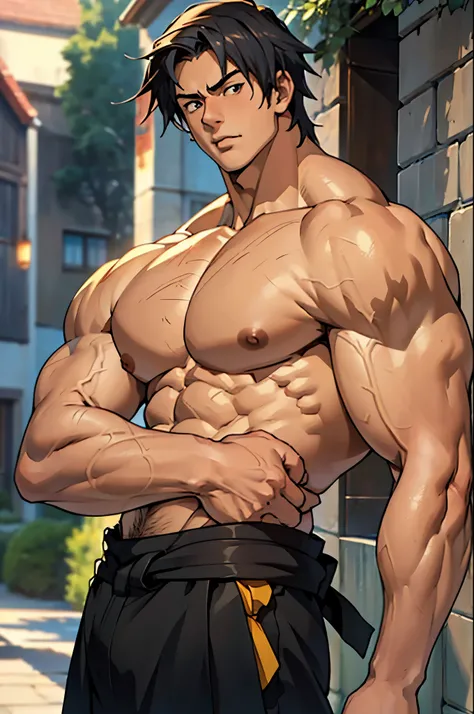 1boy age 18, young, anime, (muscular,wide shoulders, slim waist), babyface , body muscular shoulders, big pectoral, big arms, biceps, muscular, big pecs, shirtless, (masterpiece, cg, 3d cg, detailed,) (handsome face:1.1) (detailed:1.5)