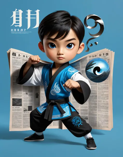 Magic magazine cover design, (a three-dimensional kung fu boy broke through the cover), 坚毅的目Light，big eyes，muscular man，the mighty magic kung fu boy is breaking out of the newspaper, ruptured large hole, the action is vivid, and realistic, the title of the...