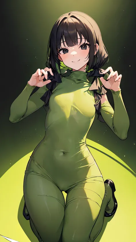 ((masterpiece,best quality)),only one woman,((All-green tight plain morphsuit wrap full body )),((black eyes)),((black low pigtails)),blunt bangs,hime cut,smile, delicate hands,anime,illustration,Two dimensions,beautiful girl