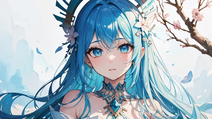 (highest quality),(masterpiece:1.2), (colorful:0.9), (ink splatter),(splash of color),((watercolor)), clear and sharp focus, model shot,, (Portrait of the goddess of spring:1.5), cute expression,elegant blue hair, Beautifully detailed face and eyes, elegan...