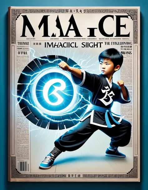Magic magazine cover design, (a three-dimensional kung fu boy broke through the cover), strong,mighty,bodybuilding,the mighty magic kung fu boy is breaking out of the newspaper, ruptured large hole, the action is vivid, and realistic, the title of the maga...