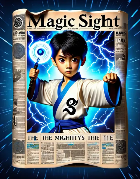 magic magazine cover design, (a three-dimensional kung fu boy broke through the cover), 坚毅的目light，big eyes，muscular man，the migh...