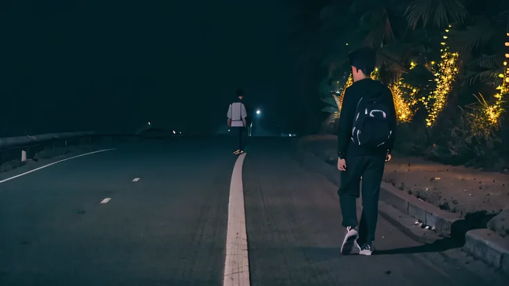 The boy with a black backpack comes into view, walking leisurely down the empty road. He appears relaxed, hands in his pockets, with the backpack slung over one shoulder.
shot defines his backside.
Create image of above scene in night time on a empty big r...