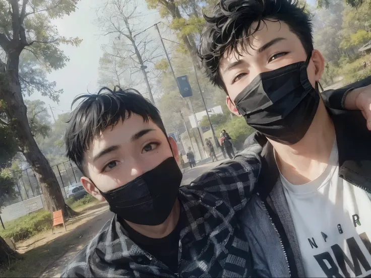 Nice pfp, cute, Anime two boy wearing masks pose for a picture in a park, wearing all black mempo mask, wearing mask, wearing facemask, ruan jia and fenghua zhong, alessio albi and shin jeongho, ruan jia and brom, people are wearing masks, wearing wooden m...