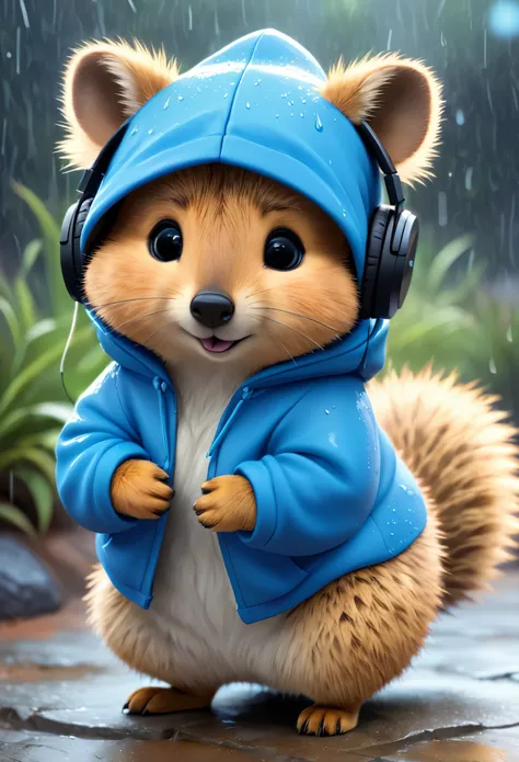 Cute  quokka with fluffy fur wearing blue outfit, one hoodie and headphones, The background is modern and inorganic, Adorable Digital Painting, 3d rendered, Bright lighting, Vibrant colors,  outside and raining