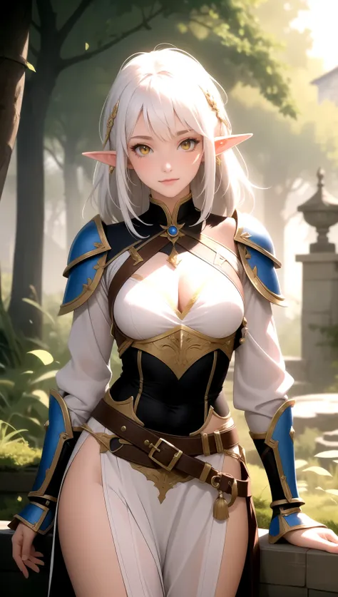 (masterpiece, best quality), 1girl, white hair, yellow eyes, fantasy, village, forest, elf, pointy ear, Elven warrior-inspired leather armor sets, looking at viewer,