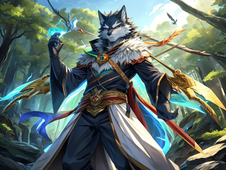 (posted on e621 by Yang J art style) furry, male, anthro, (wolf Tail), Solo, (Realistic eye details:1.2), (beautiful detailed eyes), anime - style image of a man in a white dress and a man in a black suit, beautiful avatar pictures, nature druid, wind sorc...