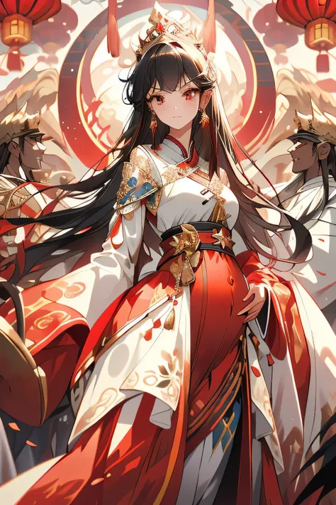 ，（tmasterpiece：1.2），best qualtiy，PIXIV，Halfway portrait，
1girll， solo， long whitr hair， arma， holding a sword， shift dresses， looking at viewert， reddress， red eyes， jewely， 耳Nipple Ring， Keep ones mouth shut， hair adornments， white backgrounid， longer sle...