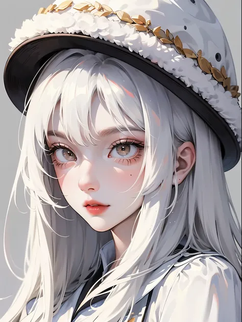 close-up, Anime girl, White hair, white eyes, white and gray clothes, white and gray accessories, fur