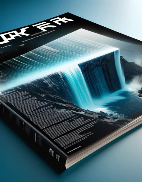 Transparent three-dimensional future magazine design，（A lot of text floating on the cover：0.85）Photography, macro photography, glass newspaper cover magazines stand with a 3D three-dimensional man,A waterfall of words flashed from his mouth，文字 flat black a...