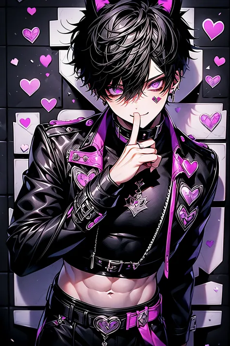 Beautiful young man, black hair, short hair, purple eyes, slitted eyes, navel outfit, black leather clothing, black rabbit ears, winking, finger heart, smile, white square tile wall in background,high quality, amount of drawing, pixiv illustration, abs