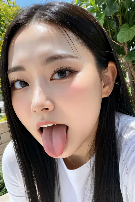 table top,,Awards - Award-winning photos, very detailed, close up of face、focus the eyes clearly, nose and mouth,face focus, woman with open mouth and closed eyes, face focusの接写、35 years old,black haired、symmetrical face,realistic nostrils、angle from below...