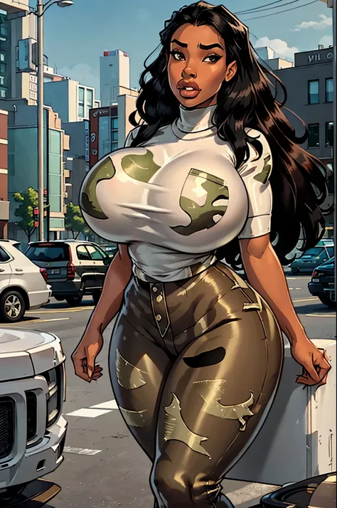 Sexy brown skin huge breast thick thighs attractive face female thick lips parted lips serious face afro black hair tight clothes white shirt badass camo pants on top of building night