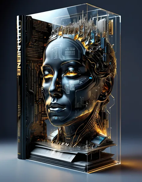 Transparent three-dimensional future magazine design，（A lot of text floating on the cover：0.85）Photography, macro photography, glass newspaper cover magazines stand with a 3D three-dimensional man,A waterfall of words flashed from his mouth，文字 flat black a...