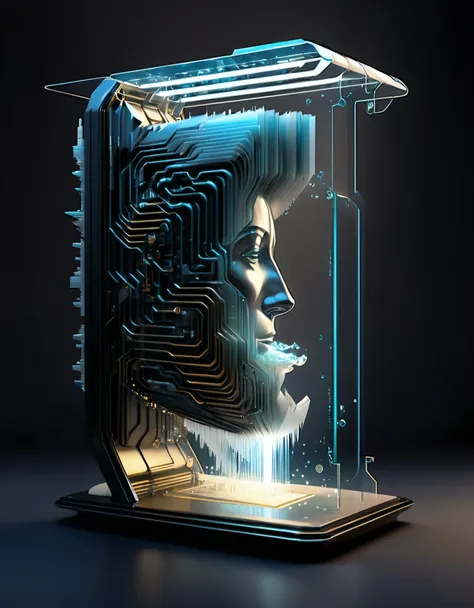 Transparent three-dimensional future magazine design，（A lot of text floating on the cover：0.85）Photography, macro photography, glass newspaper cover magazines stand with a 3D three-dimensional man,A waterfall of words flashed from his mouth，文字 flat black a...