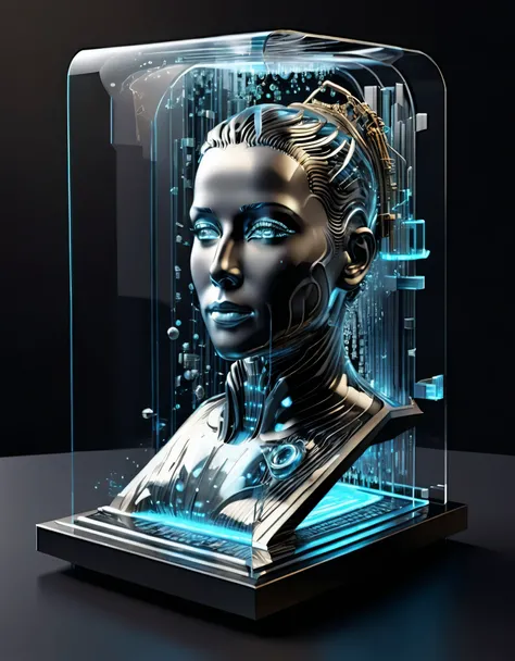Transparent three-dimensional future magazine design,Photography, macro photography, glass newspaper cover magazines stand with a 3D three-dimensional man,A waterfall of words flashed from his mouth,文字 flat black and white newspaper text, depth of field, D...