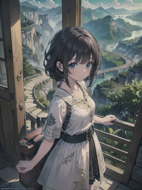 Super detailed illustrations , finely, quality, (masterpiece:1.2) , (photo realistic:1.2) , (best quality) , (fine skin:1.3) , (intricate details) , ray tracing, dramatic, pretty girl, A brave traveler was navigating a winding mountain road., She marveled ...