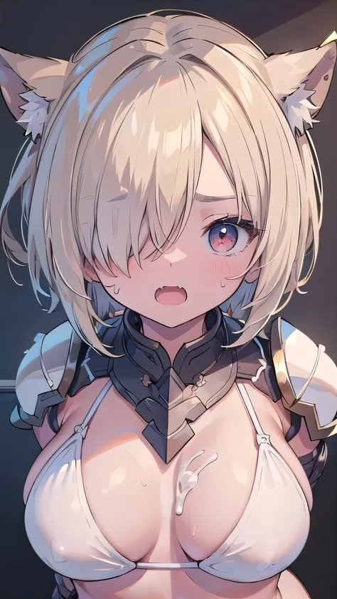 (masterpiece:1.2), (highest quality:1.2), perfect eyes, perfect face, perfect lighting, 砂漠 big breasts (((((white bikini armor))))), nsfw,　, 1 boy,blonde　red eye, ((((((hair over one eye,)))))), single braid, side braid, spike hair, dull bangs, bob hair, A...