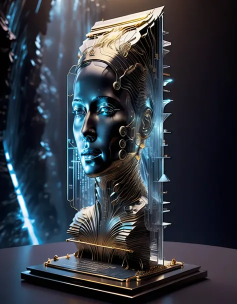 Transparent three-dimensional future magazine design,Photography, macro photography, glass newspaper cover magazines stand with a 3D three-dimensional man,A waterfall of words flashed from his mouth,文字 flat black and white newspaper text, depth of field, D...