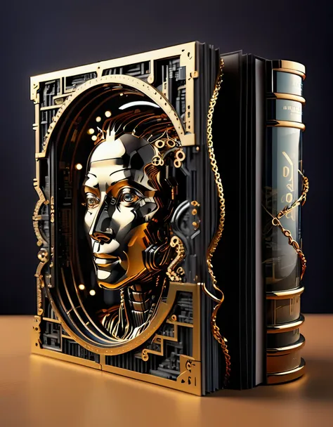 in style of pop-up book design, roboto character, beautiful detailed，cover magazine，Photography, macro photography, glass newspaper cover magazines stand with a 3D three-dimensional man,A waterfall of words flashed from his mouth，文字 flat black and white ne...