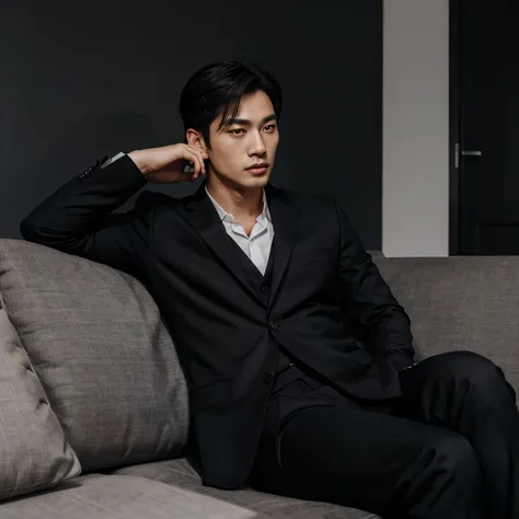 A strong Korean man, handsome, wearing a black suit, sitting on the sofa, attractive