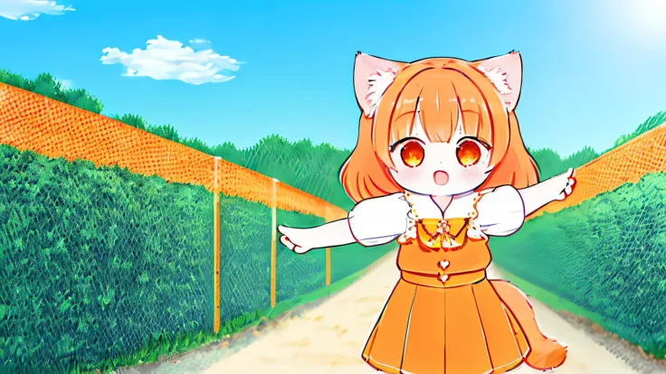 (masterpiece)，（High quality graphics），catwoman，Change，Long orange hair，orange eyes，heart shaped furry，Changeta skirt，Lovely，Hug with open arms，whole body，joy，Orange tail swaying in the air，outdoor，bright sunshine，blue sky，Baiyun，In the shadows