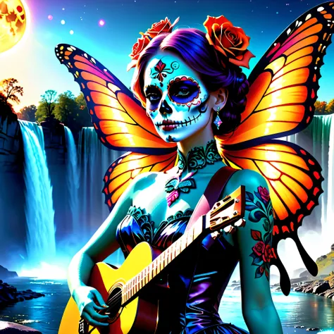 Magazine Cover, nebulae stars panoramic starry_sky sunset spacious Sunshine sunrise, BackView Guitarist (holding guitar:1.3) UnrealEngine5 ultra Cinematic_sunLight Diva Lake deep path equirectangular River Epic tmasterpiece retro dramatic scenes dynamic co...